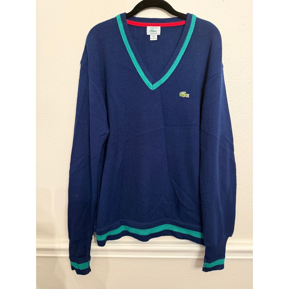 Vintage Izod Lacoste Mens XL V-Neck Sweater Navy Blue Orlon Acrylic Made in USA